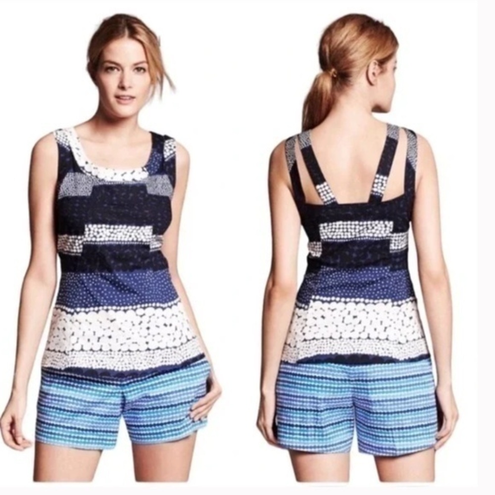 🐯🍕🪻Marimekko Banana Republic Jurmo Print Peplum Tank 6 Petite bluewhite CLOSEOUT